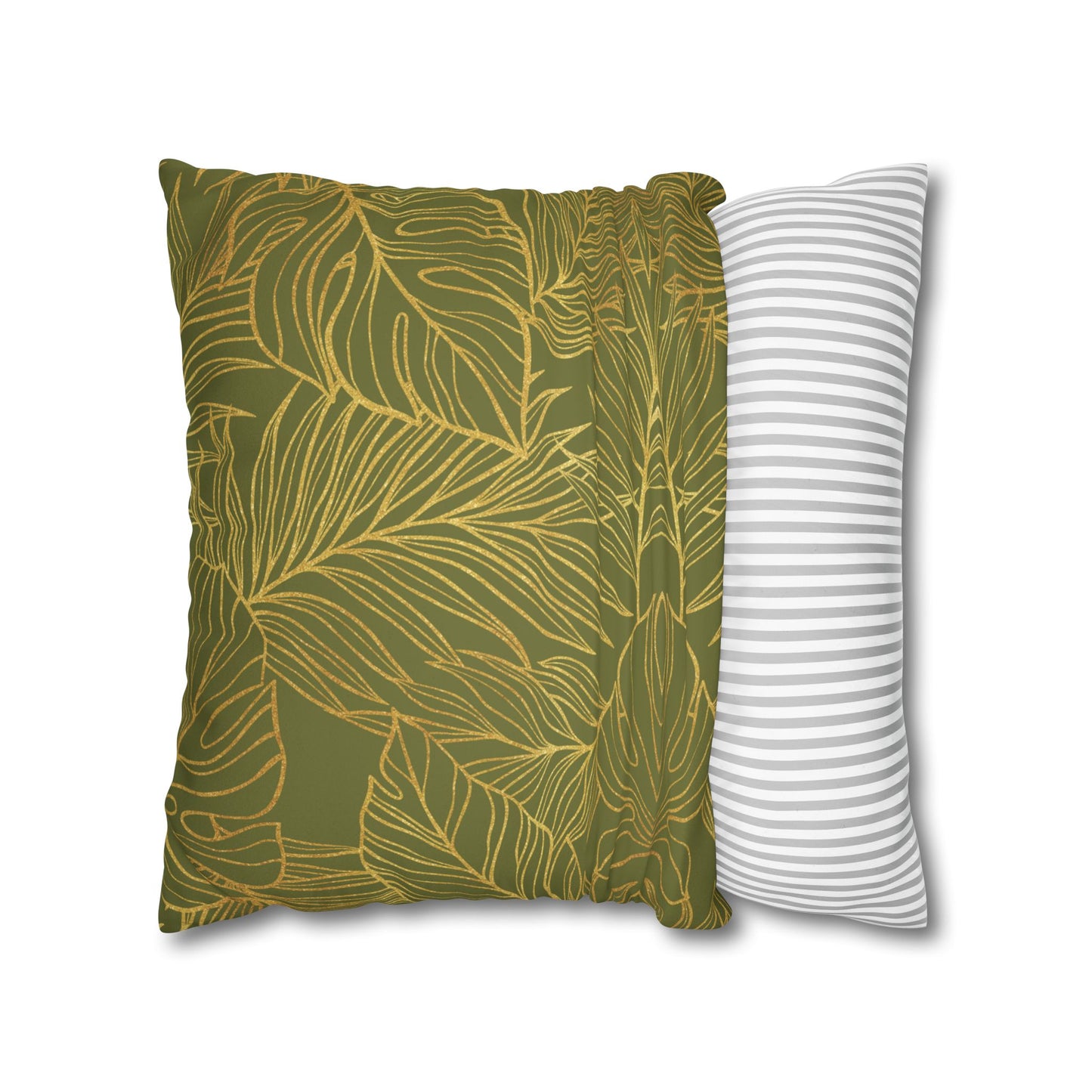 Faux Suede Square Pillowcase - Green with Golden Leaves