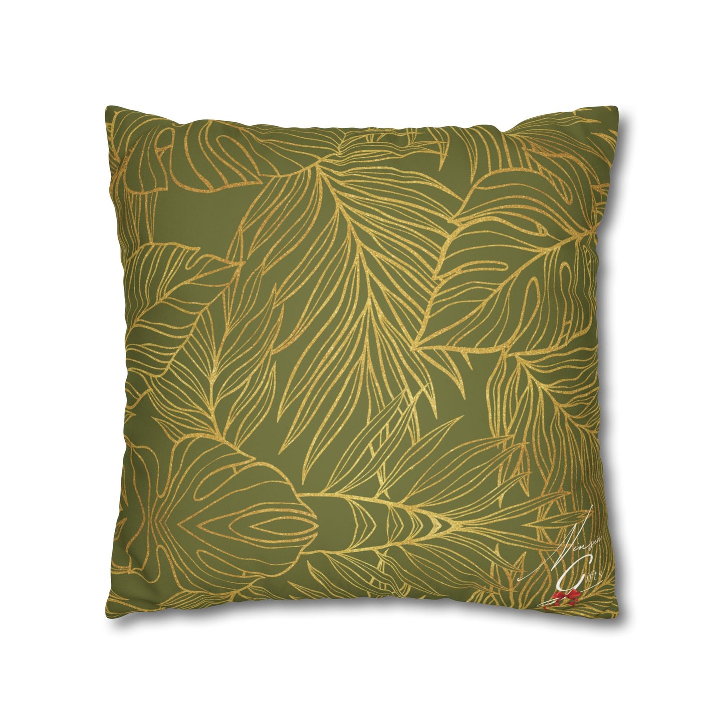 Faux Suede Square Pillowcase - Green with Golden Leaves