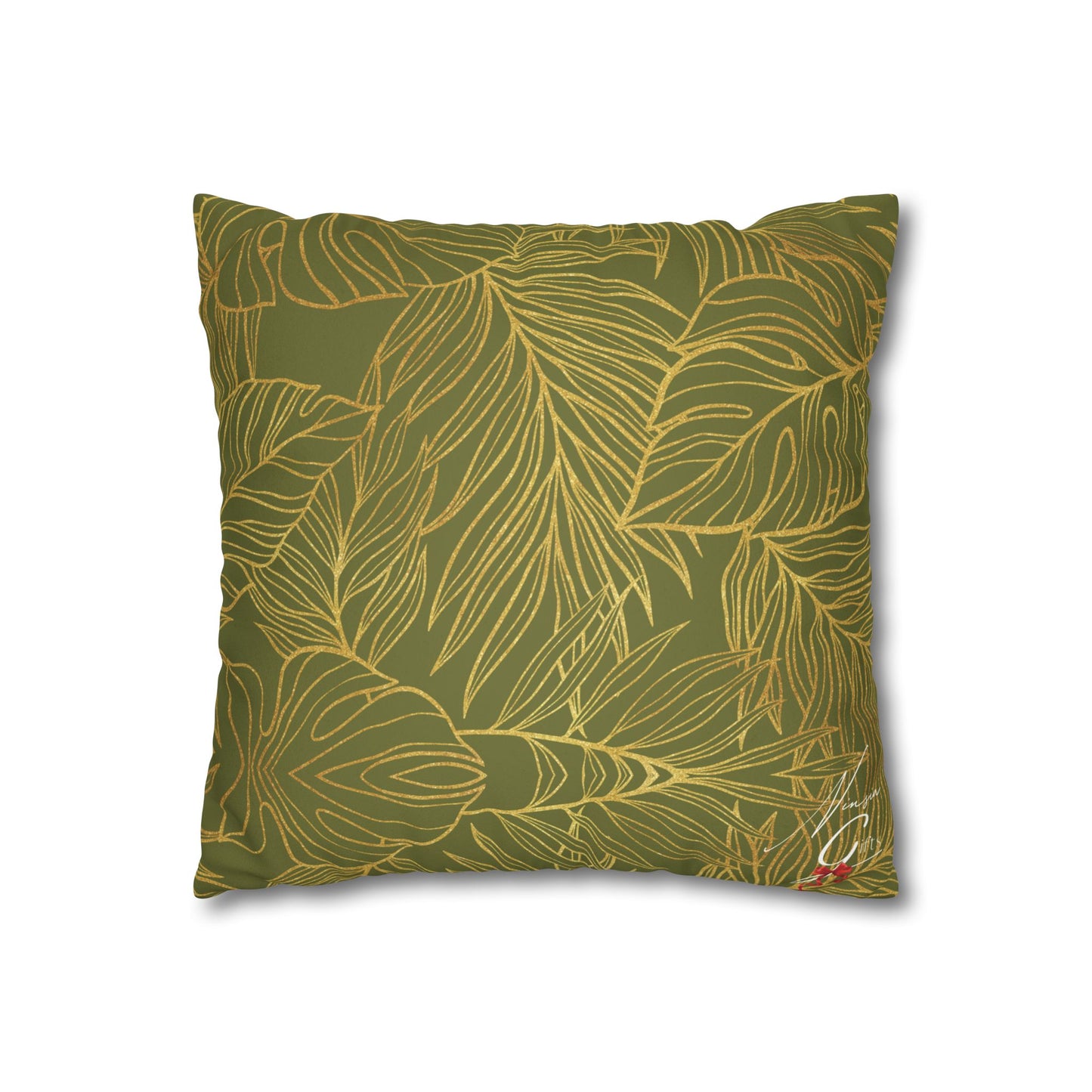 Faux Suede Square Pillowcase - Green with Golden Leaves