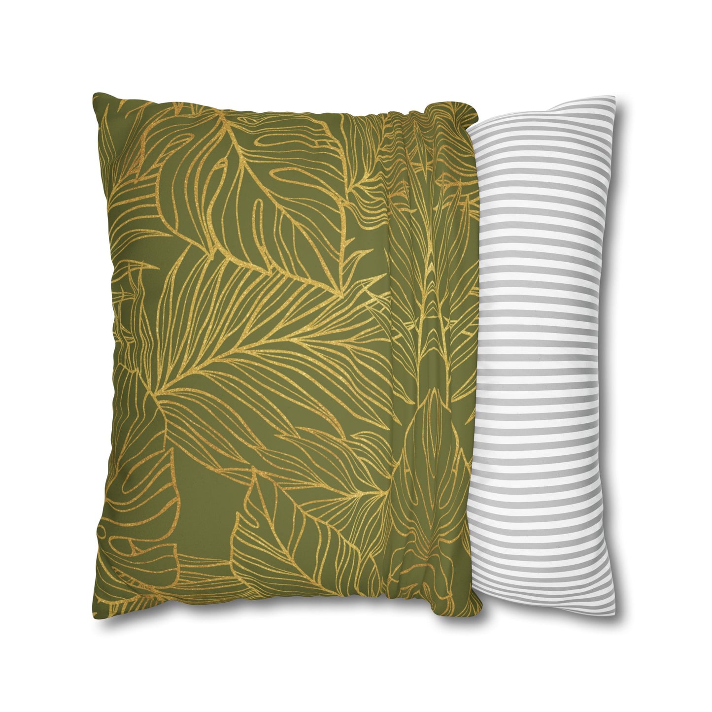 Faux Suede Square Pillowcase - Green with Golden Leaves