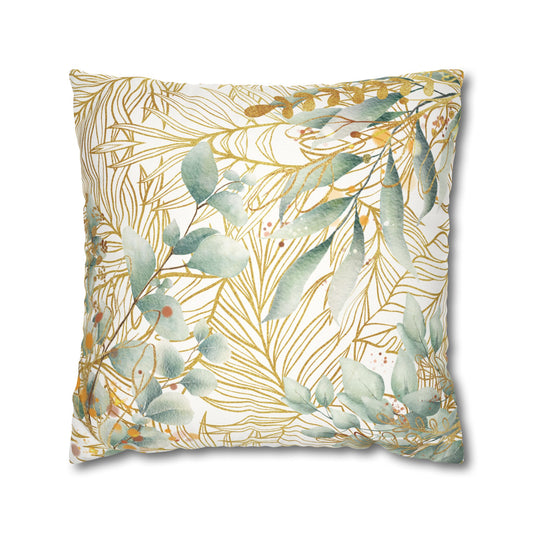 Faux Suede Square Pillowcase - White, Green & Golden Floral