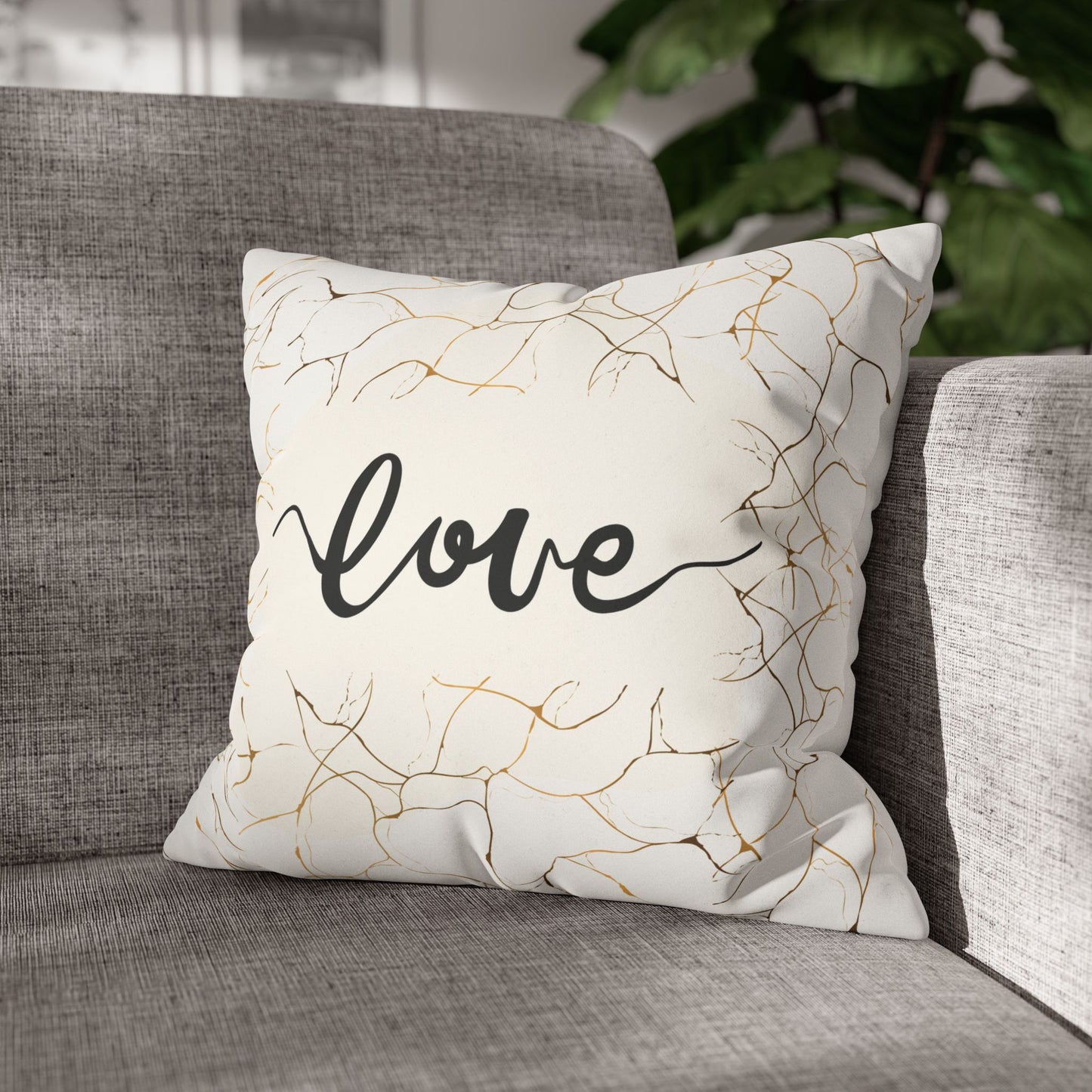 Faux Suede Square Pillowcase - Love - White & Golden Floral