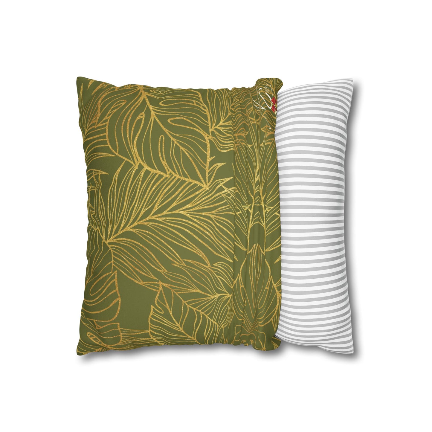 Faux Suede Square Pillowcase - Green with Golden Leaves