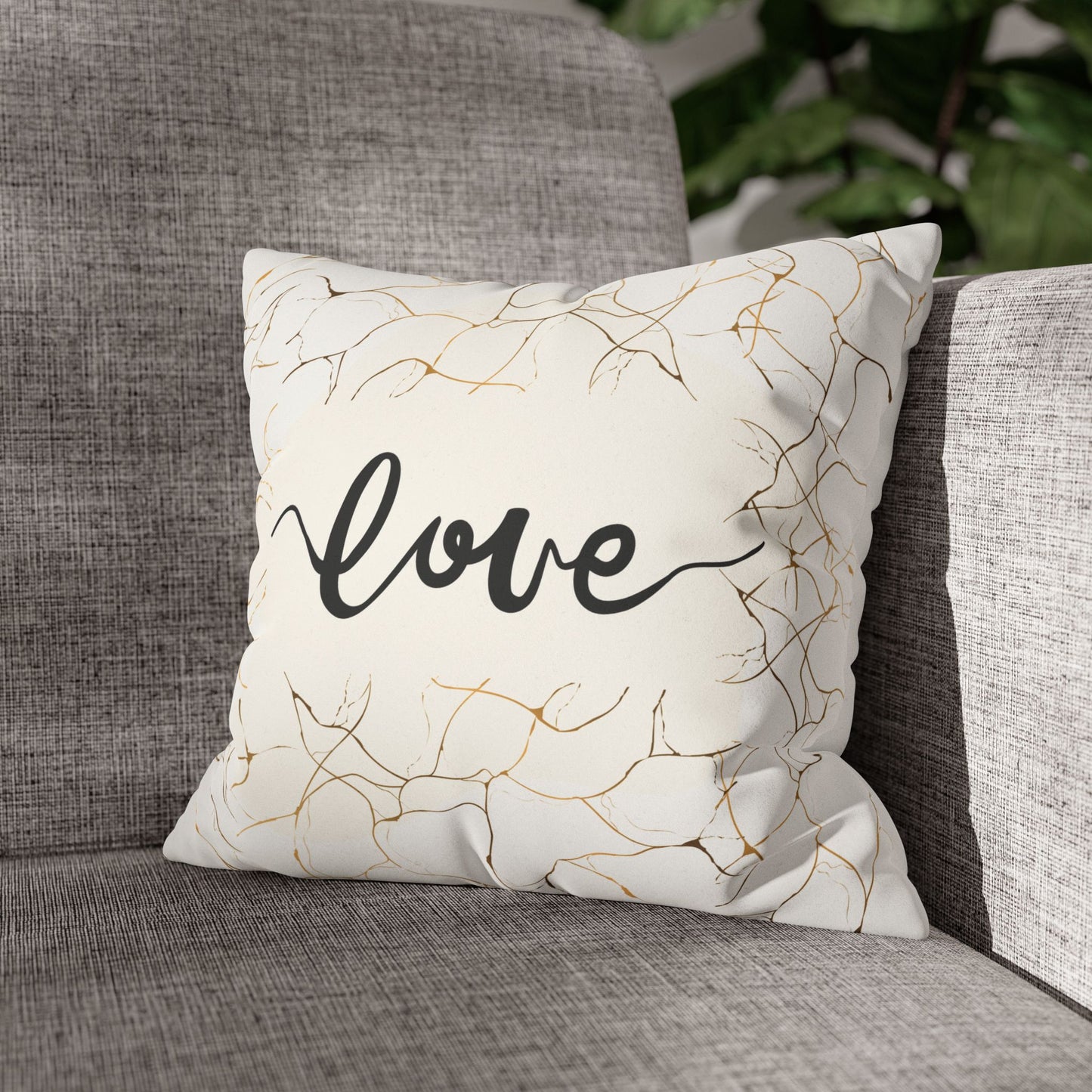 Faux Suede Square Pillowcase - Love - White & Golden Floral