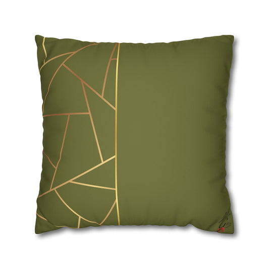 Faux Suede Square Pillowcase - Green with Golden Geometry