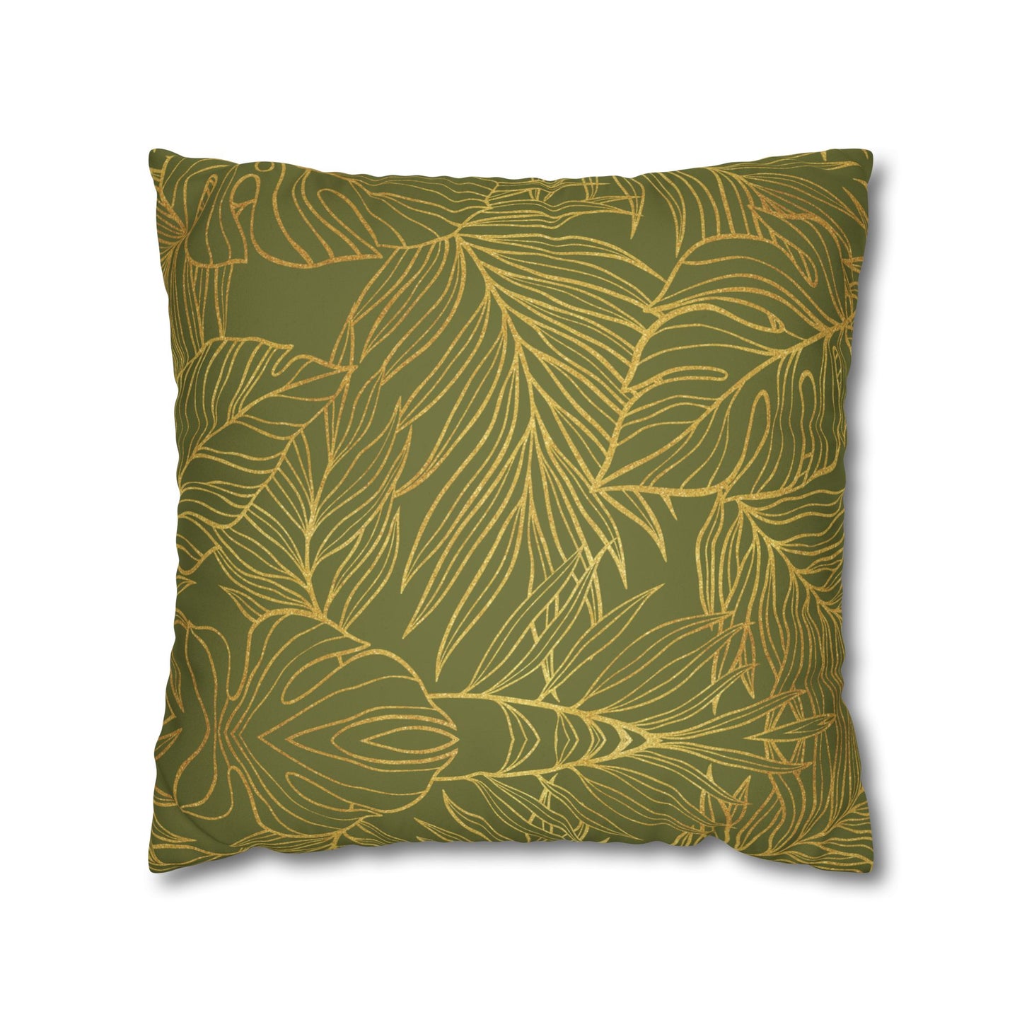 Faux Suede Square Pillowcase - Green with Golden Leaves