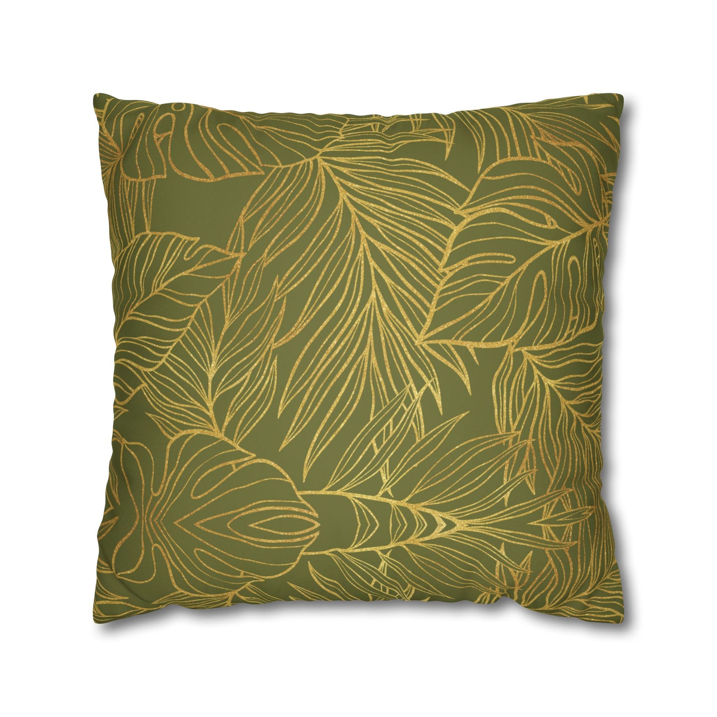 Faux Suede Square Pillowcase - Green with Golden Leaves