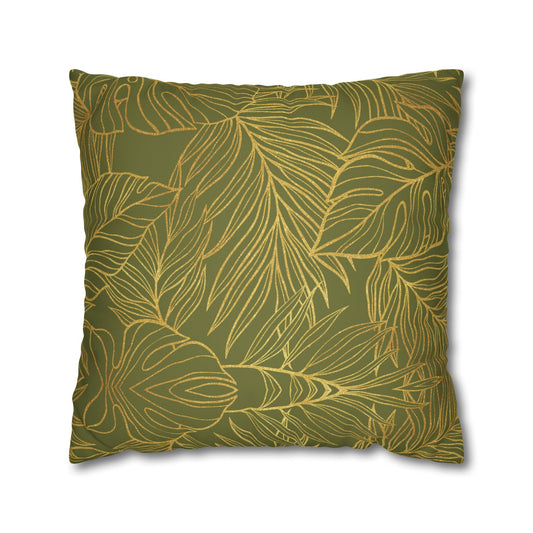 Faux Suede Square Pillowcase - Green with Golden Leaves