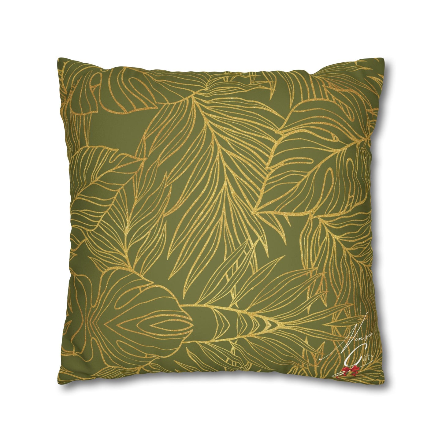 Faux Suede Square Pillowcase - Green with Golden Leaves