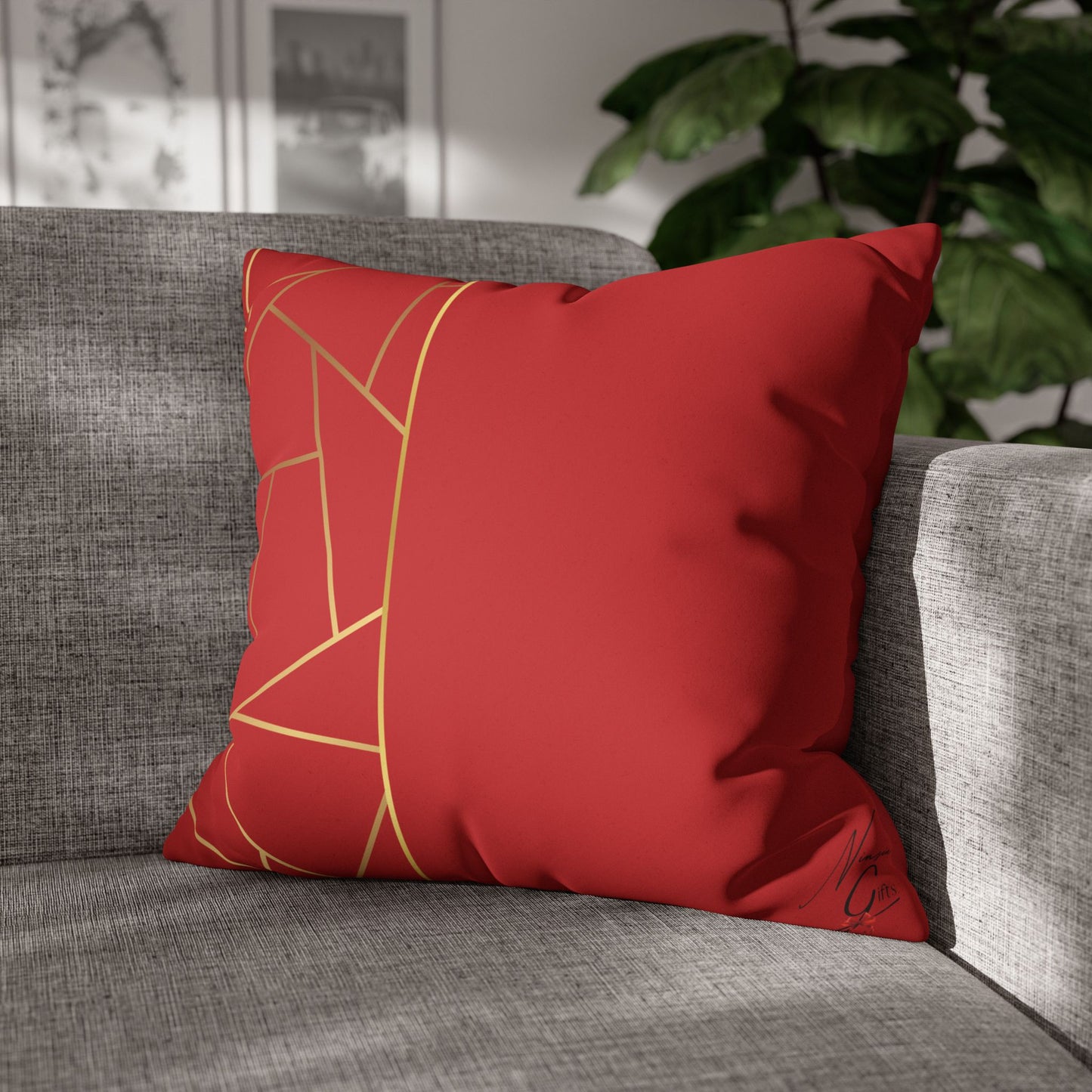 Faux Suede Square Pillowcase - Red with Golden Geometry