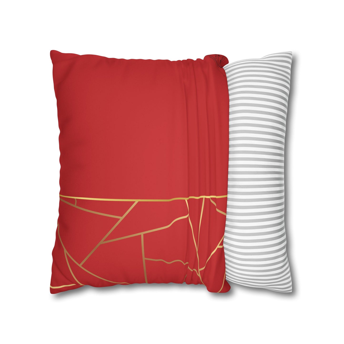 Faux Suede Square Pillowcase - Red with Golden Geometry