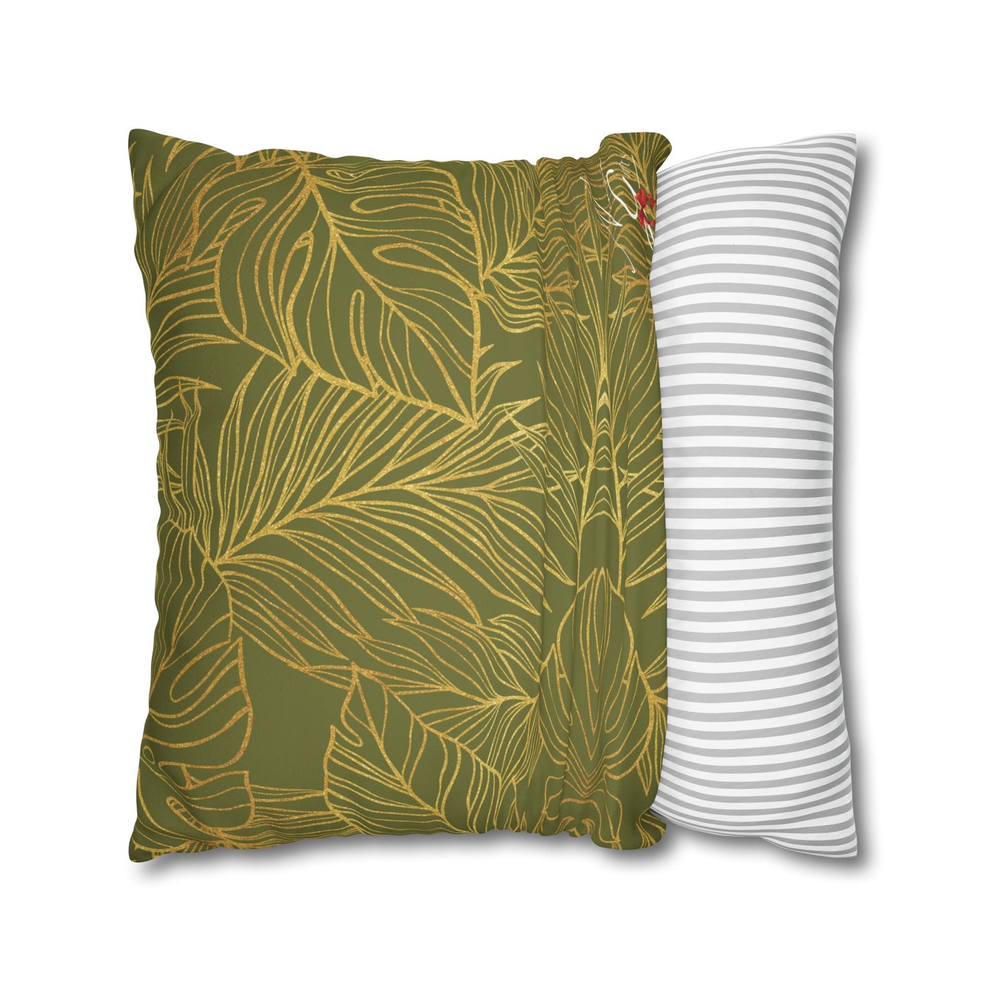 Faux Suede Square Pillowcase - Green with Golden Leaves