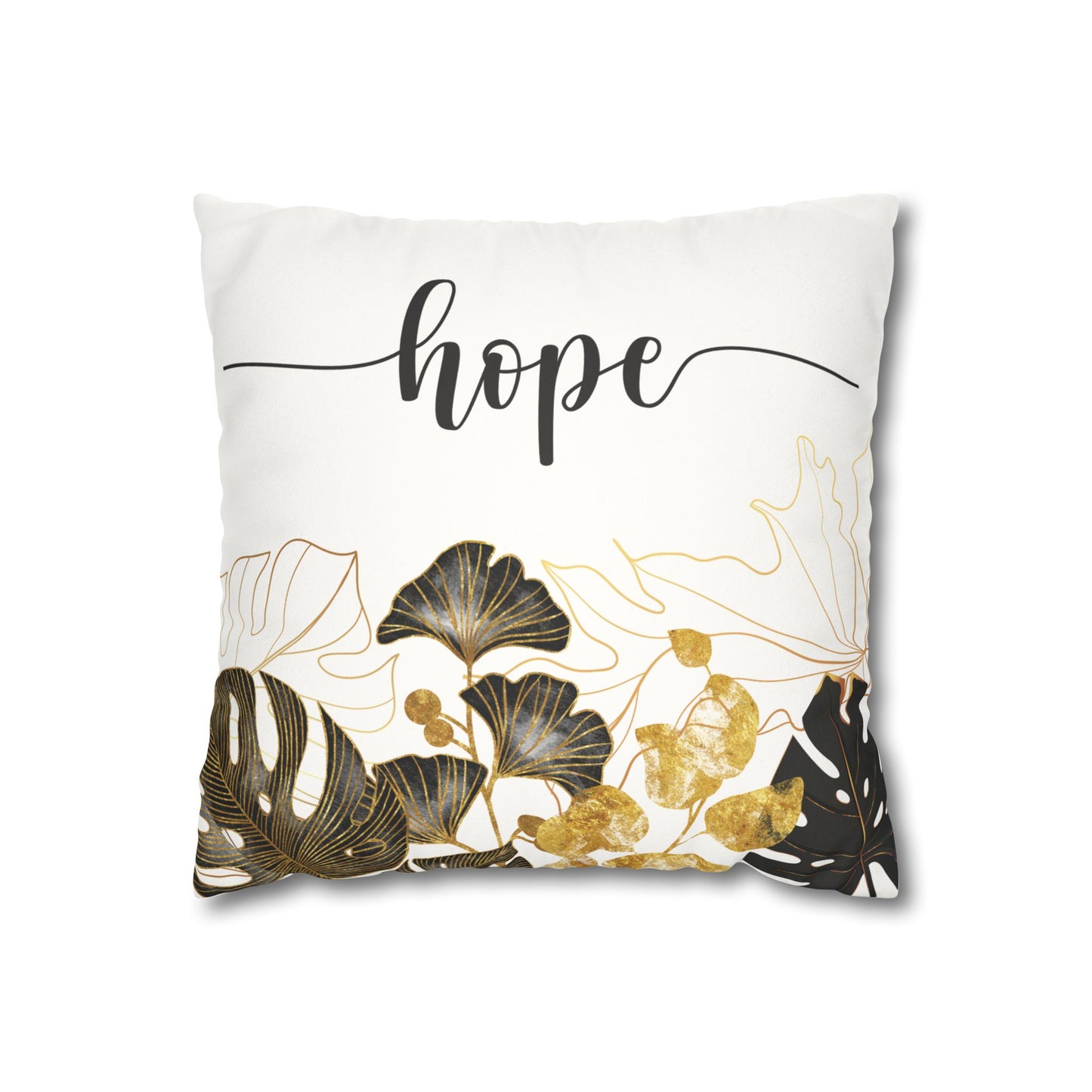 Faux Suede Square Pillowcase - HOPE - White & Golden Floral