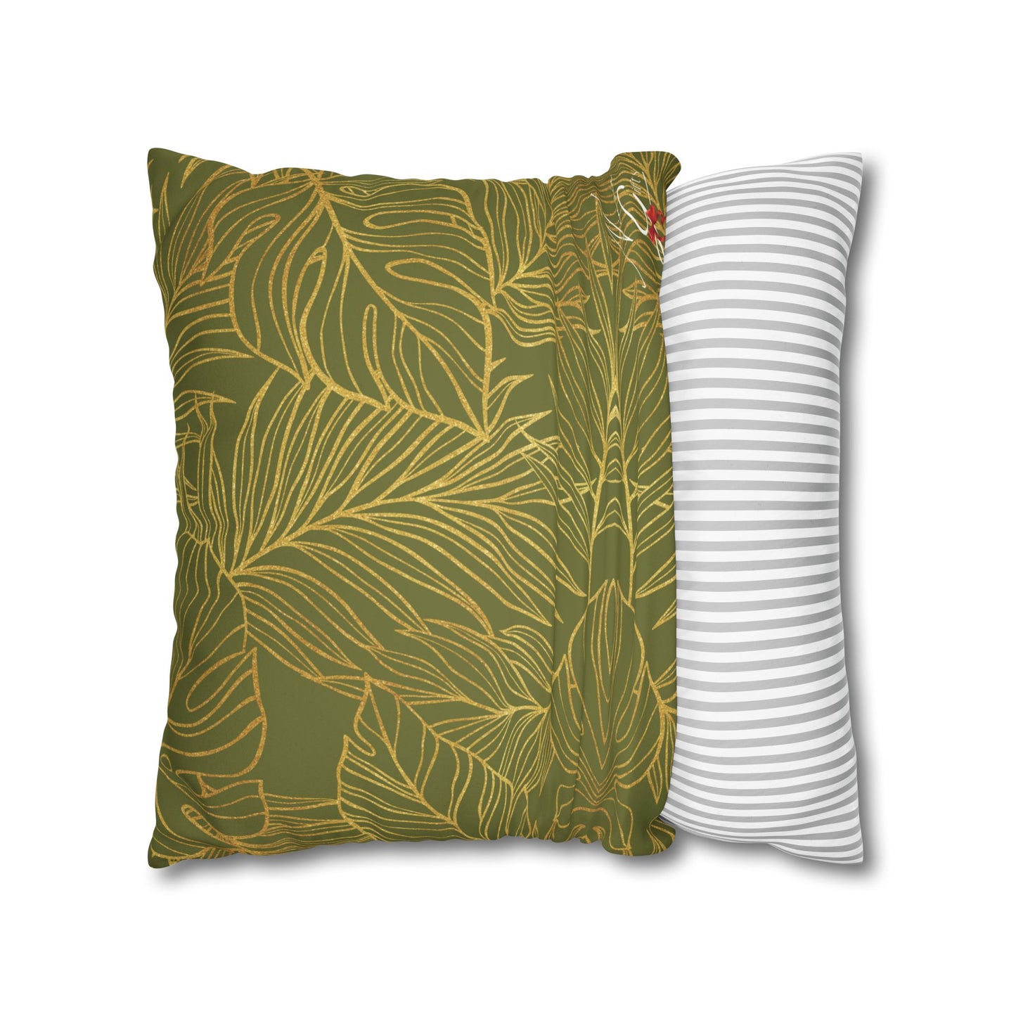 Faux Suede Square Pillowcase - Green with Golden Leaves