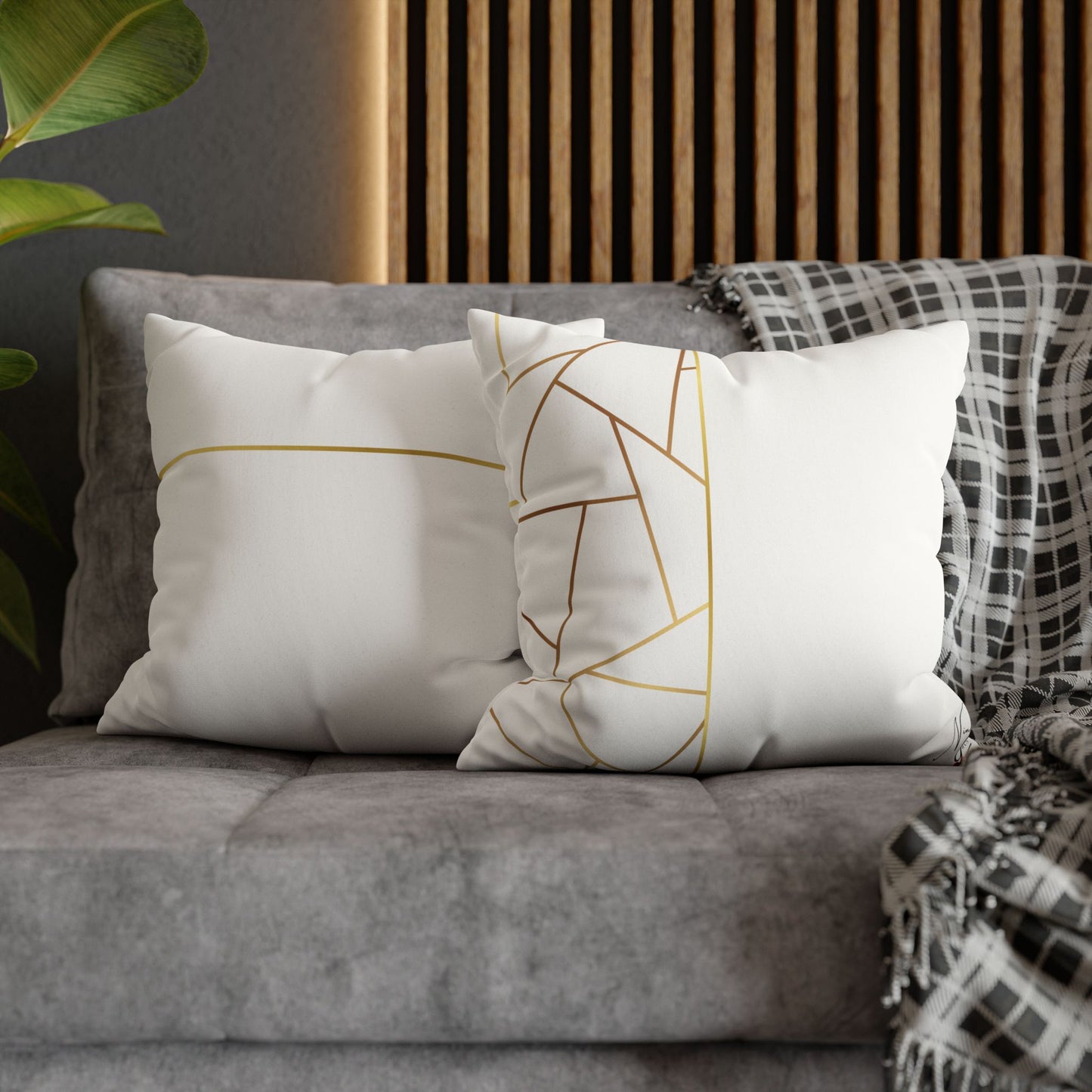 Faux Suede Square Pillowcase - Golden Geometry - White