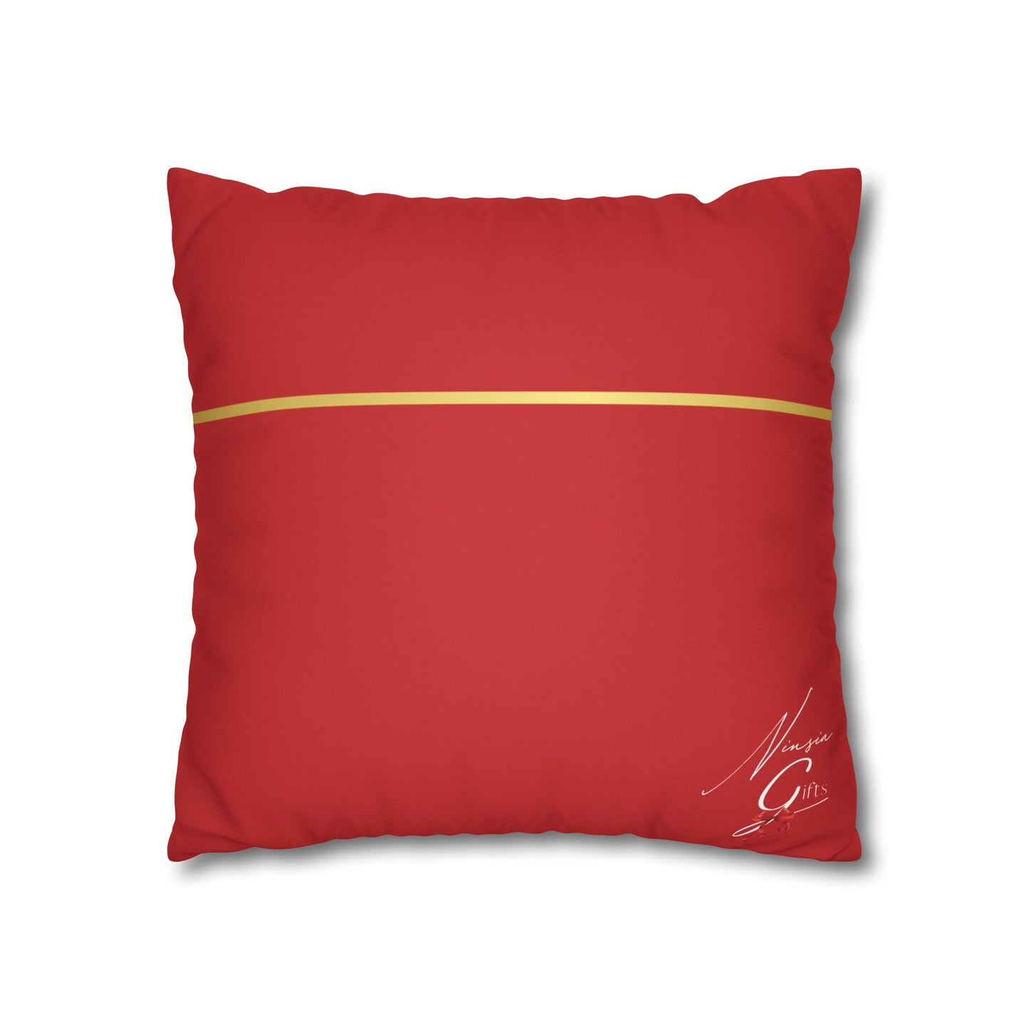 Faux Suede Square Pillowcase - Red with Golden Line
