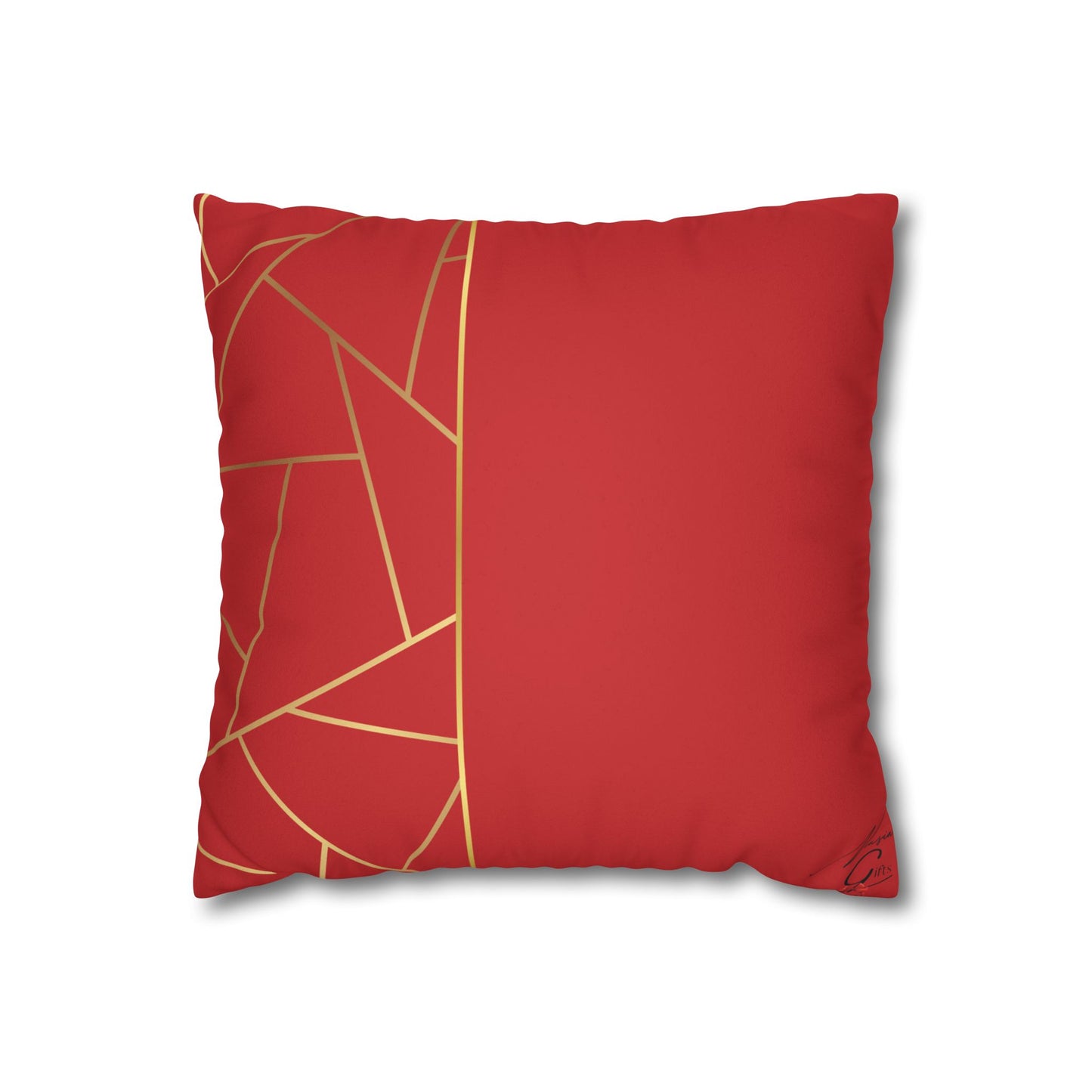 Faux Suede Square Pillowcase - Red with Golden Geometry