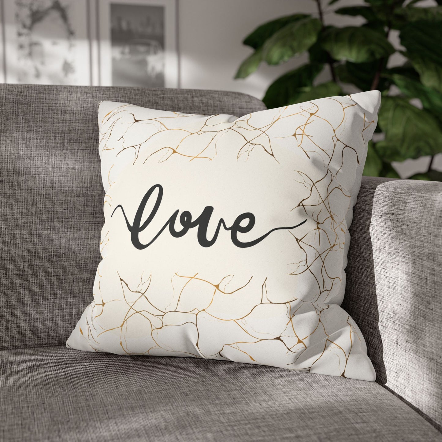 Faux Suede Square Pillowcase - Love - White & Golden Floral