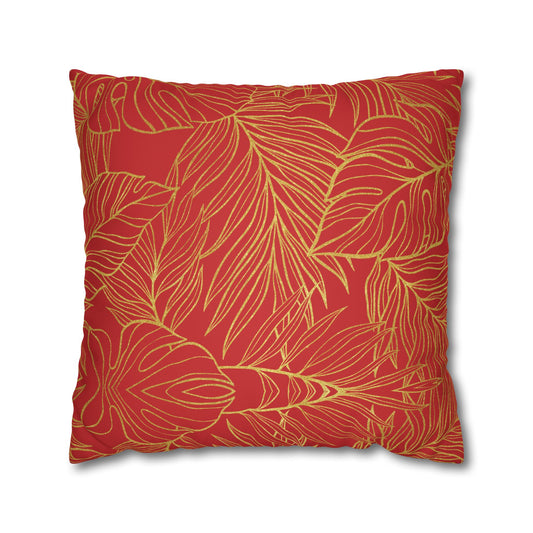 Faux Suede Square Pillowcase - Red with Golden Leaves