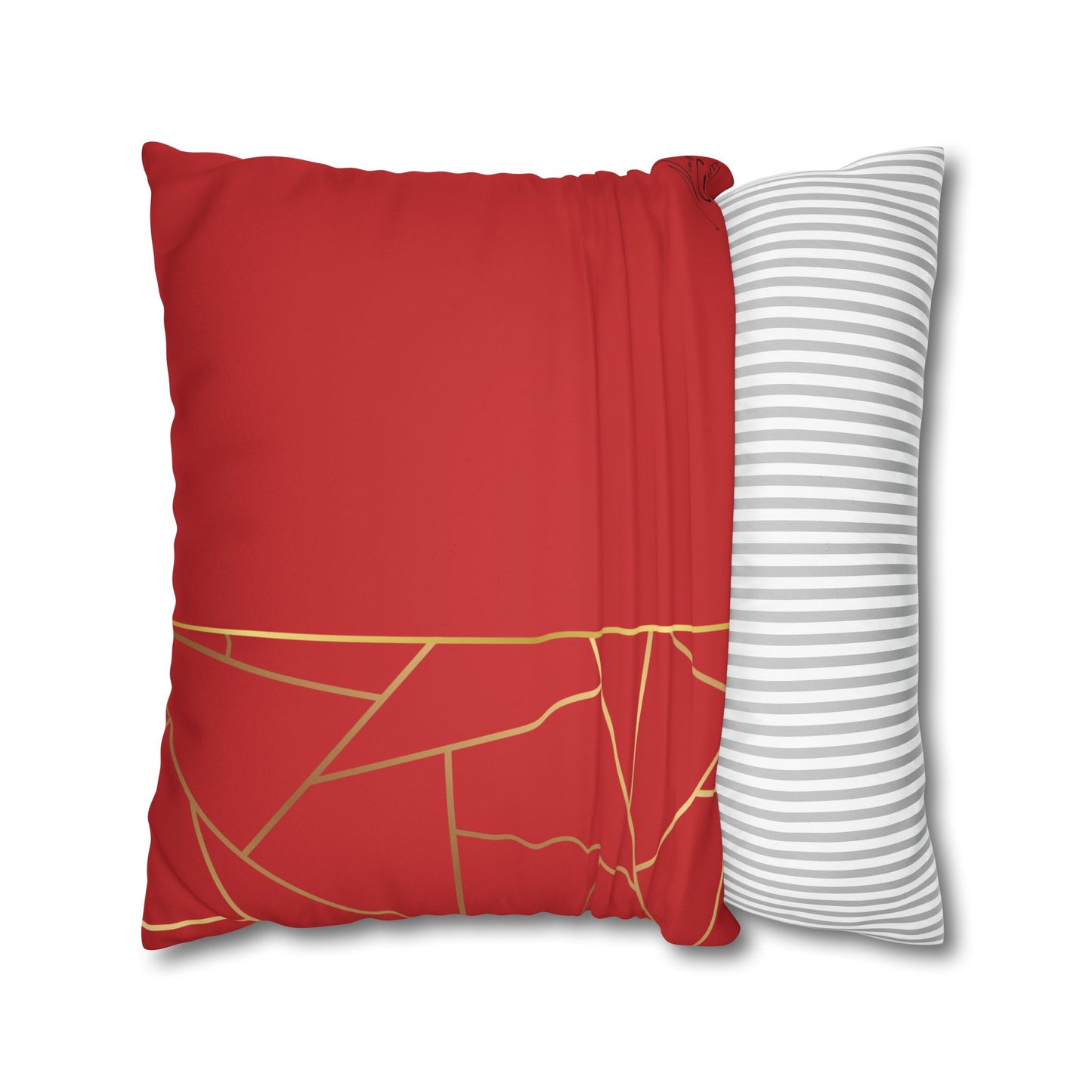 Faux Suede Square Pillowcase - Red with Golden Geometry