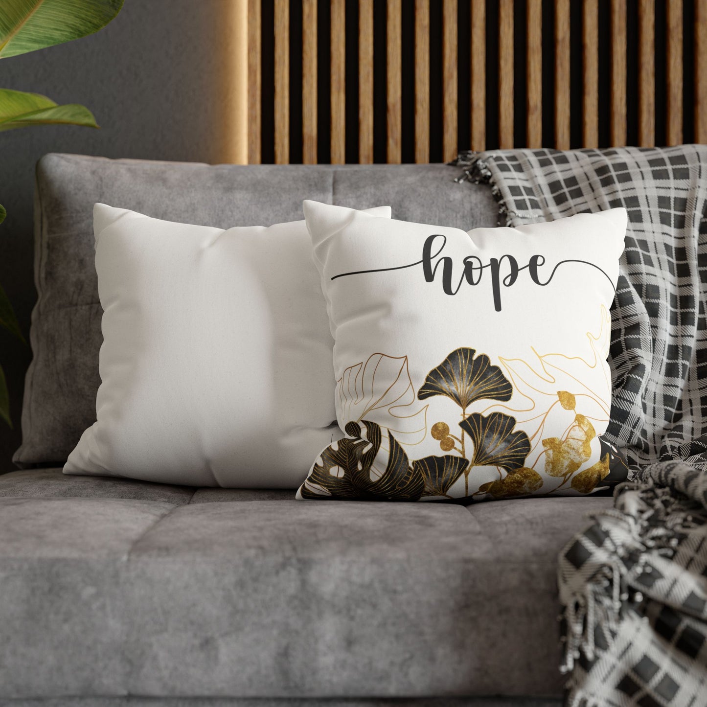 Faux Suede Square Pillowcase - HOPE - White & Golden Floral