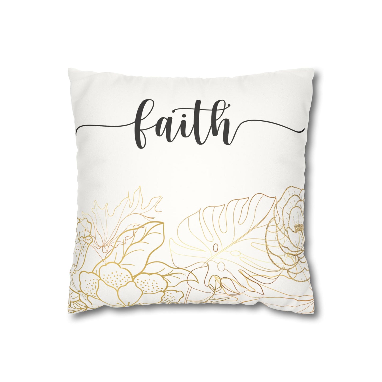 Faux Suede Square Pillowcase - Faith - White & Golden Floral