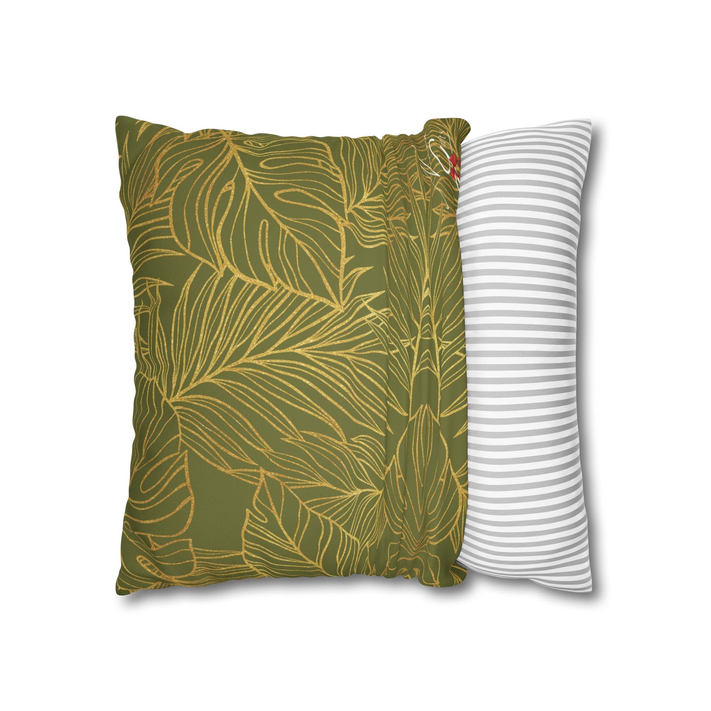 Faux Suede Square Pillowcase - Green with Golden Leaves