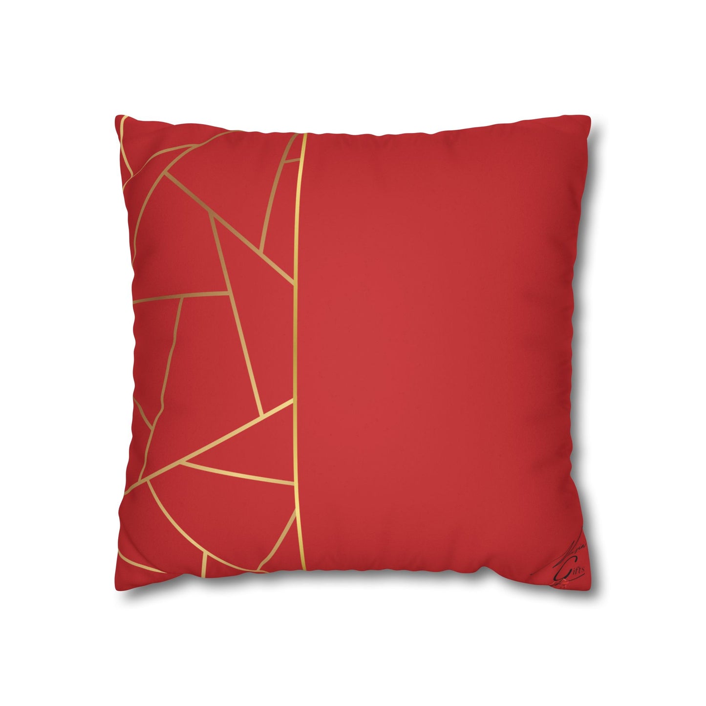 Faux Suede Square Pillowcase - Red with Golden Geometry