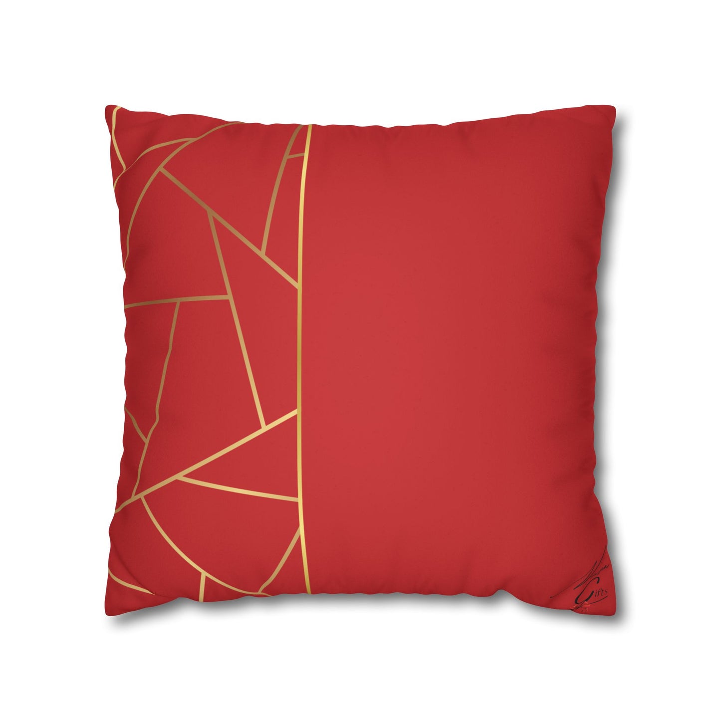 Faux Suede Square Pillowcase - Red with Golden Geometry