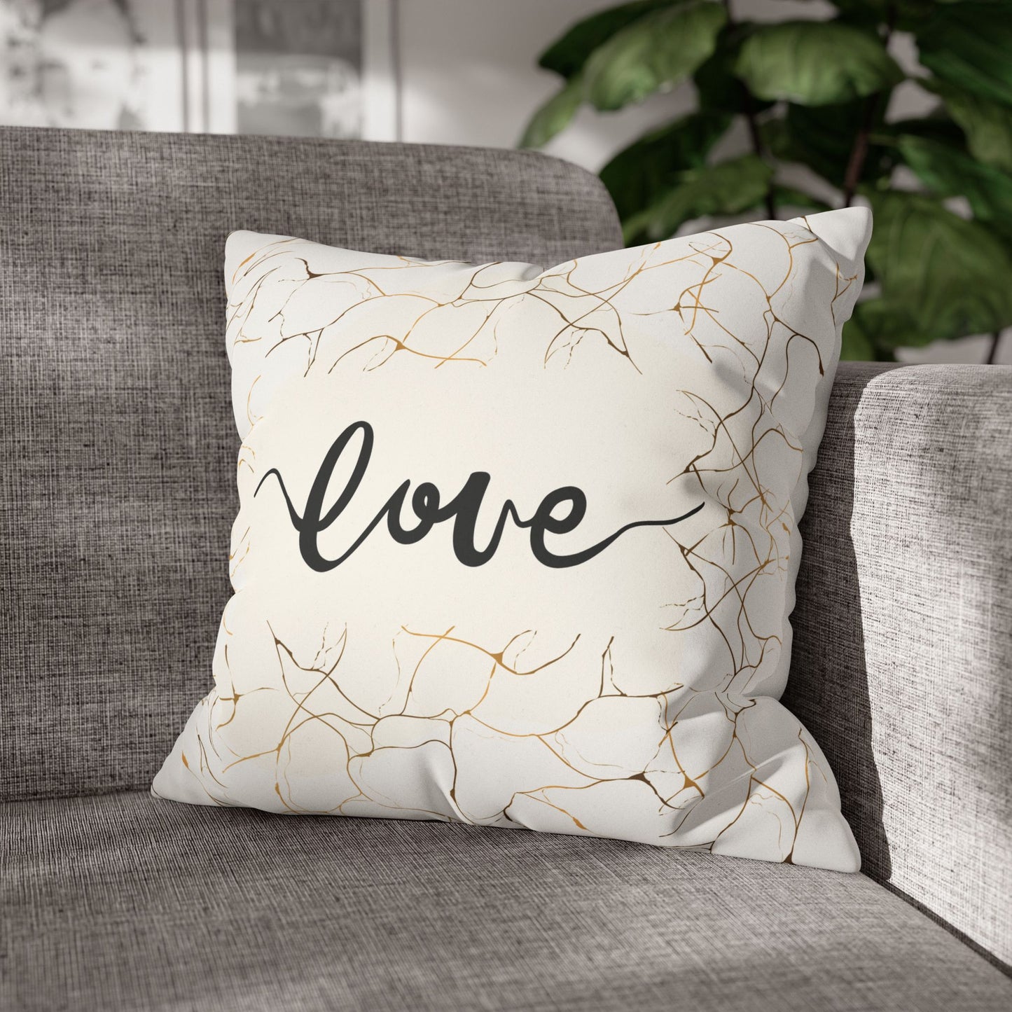 Faux Suede Square Pillowcase - Love - White & Golden Floral