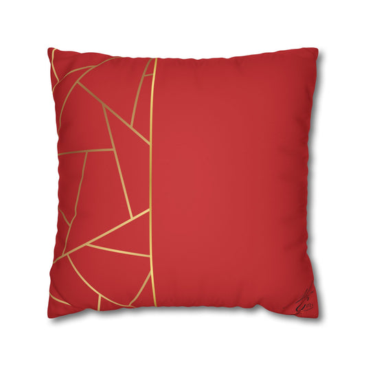 Faux Suede Square Pillowcase - Red with Golden Geometry