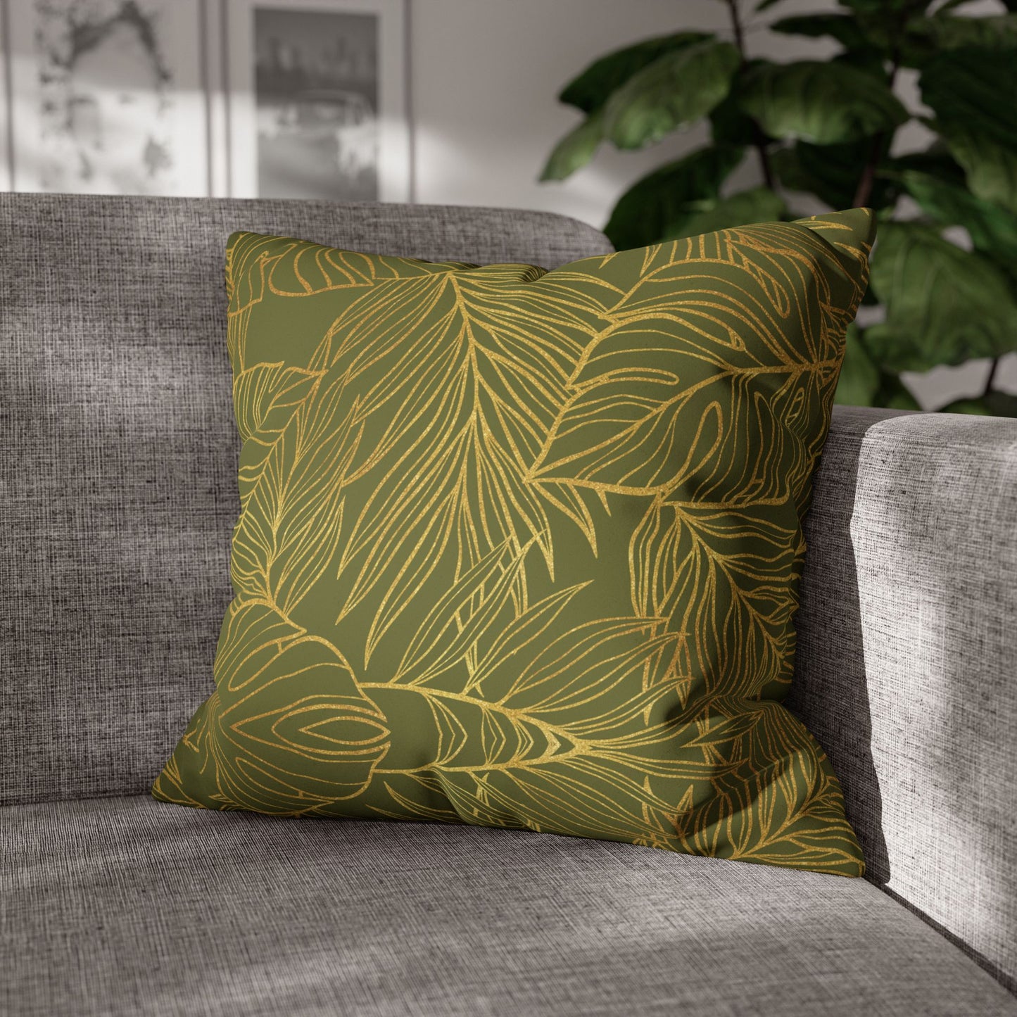 Faux Suede Square Pillowcase - Green with Golden Leaves