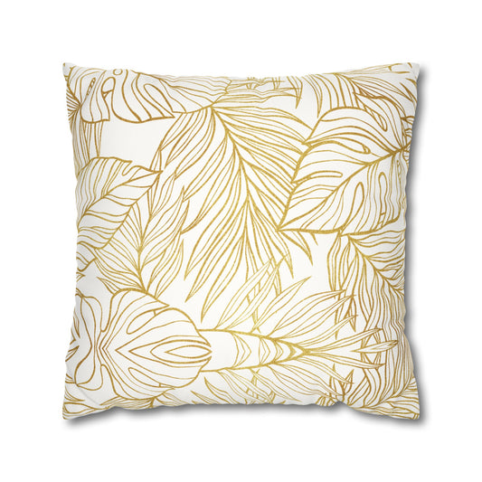 Faux Suede Square Pillowcase - White & Golden Fleurs