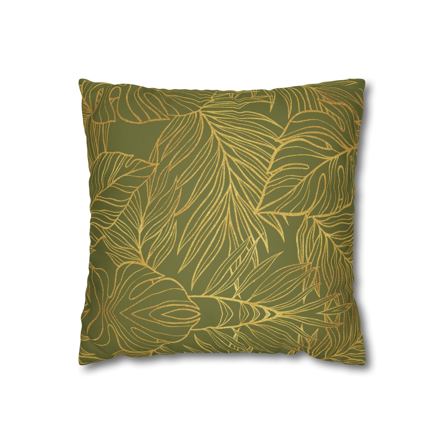 Faux Suede Square Pillowcase - Green with Golden Leaves