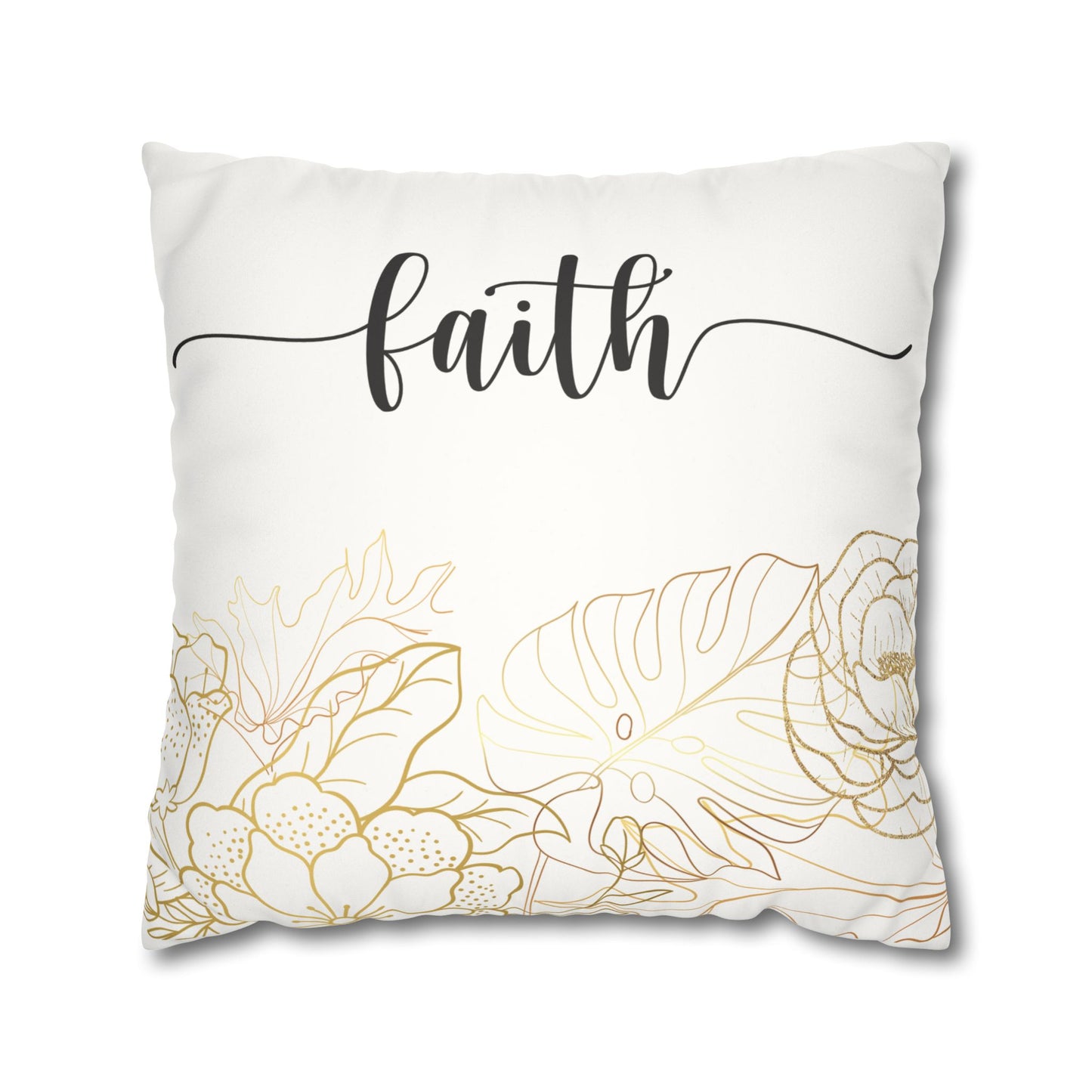 Faux Suede Square Pillowcase - Faith - White & Golden Floral