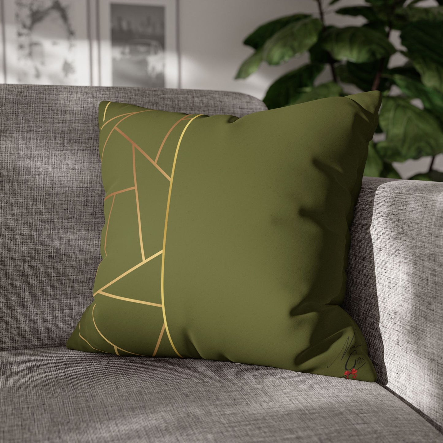 Faux Suede Square Pillowcase - Green with Golden Geometry
