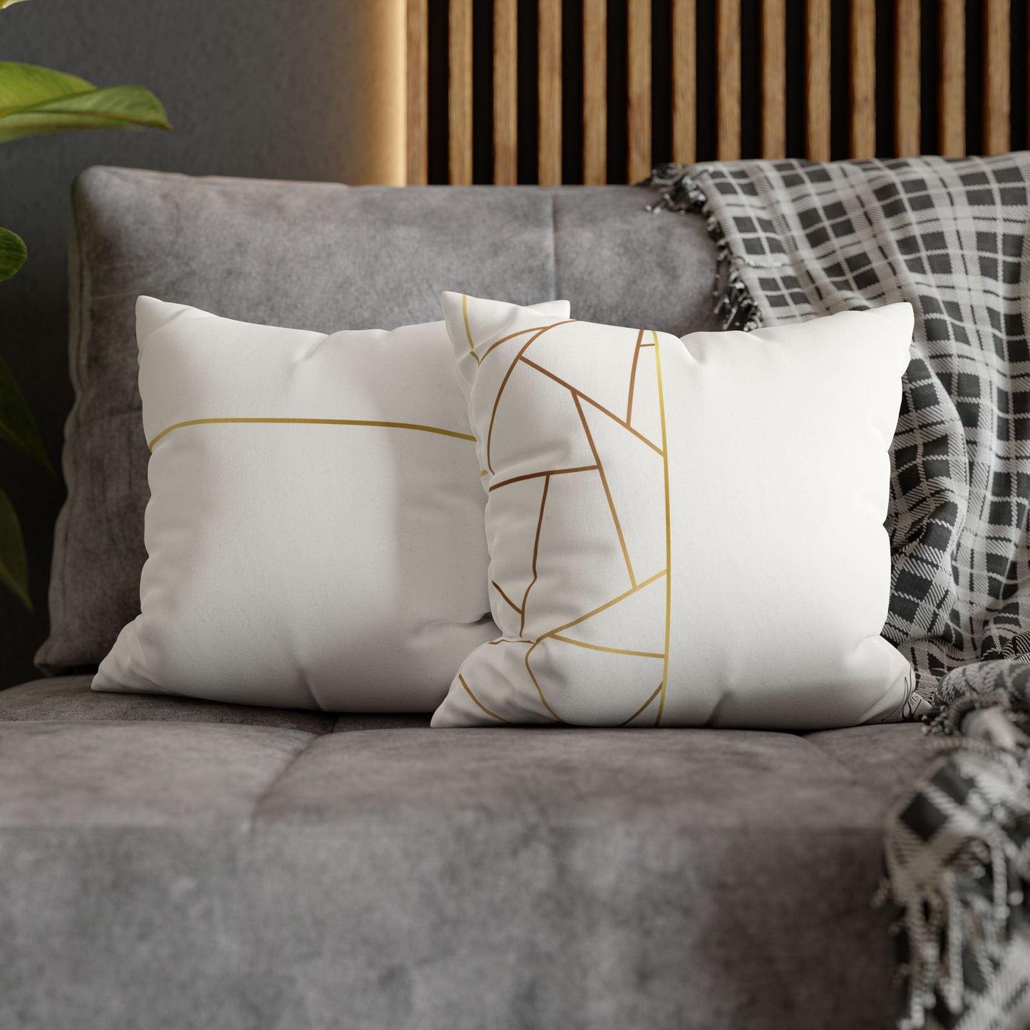 Faux Suede Square Pillowcase - Golden Geometry - White