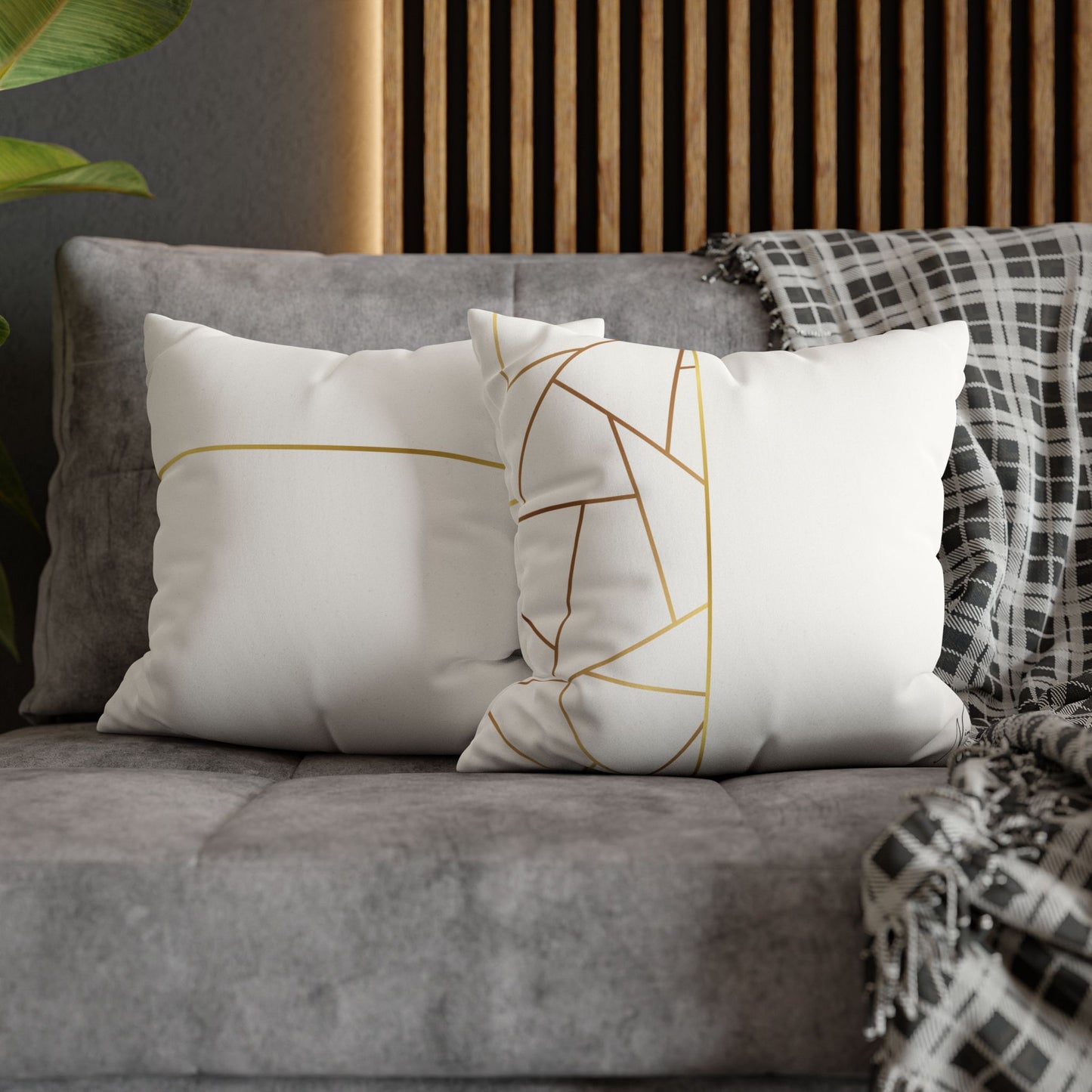 Faux Suede Square Pillowcase - Golden Geometry - White