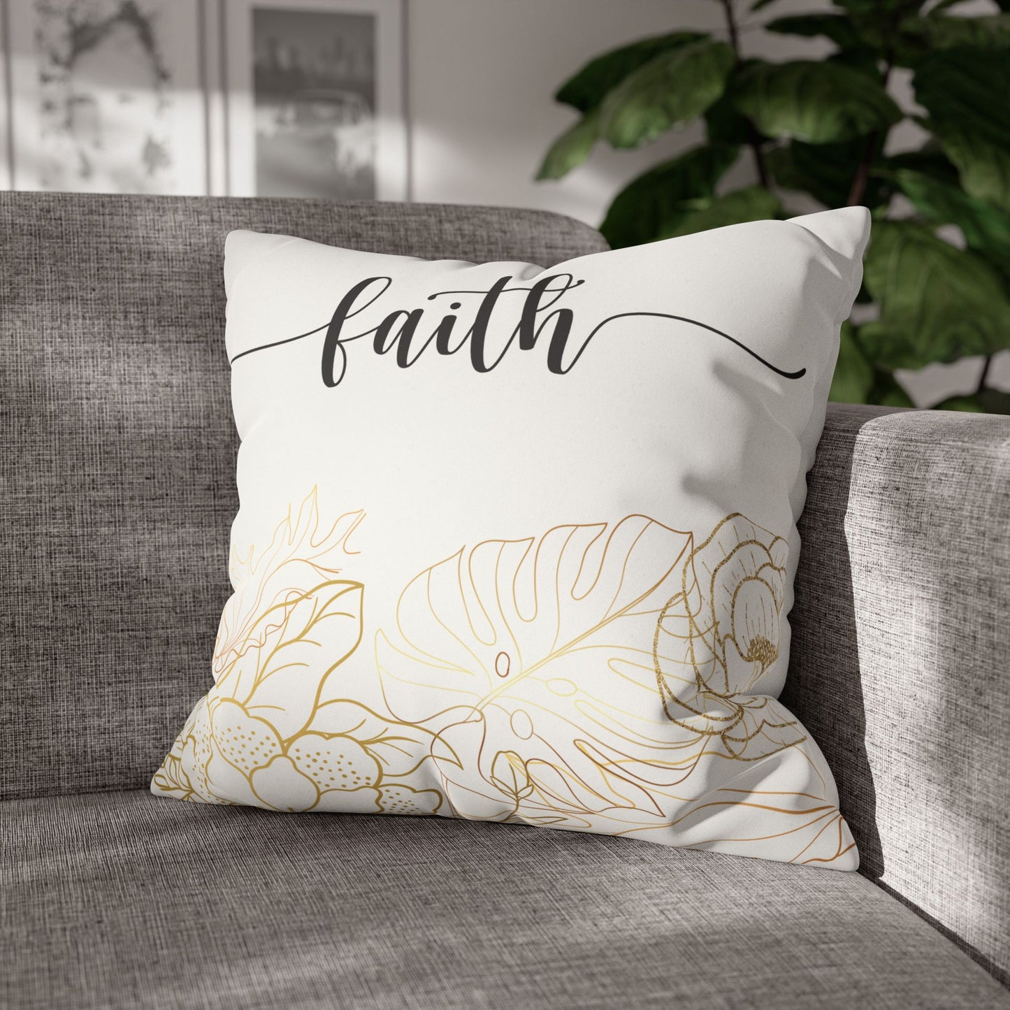 Faux Suede Square Pillowcase - Faith - White & Golden Floral