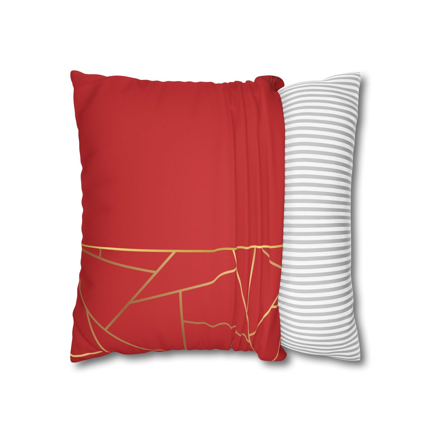 Faux Suede Square Pillowcase - Red with Golden Geometry