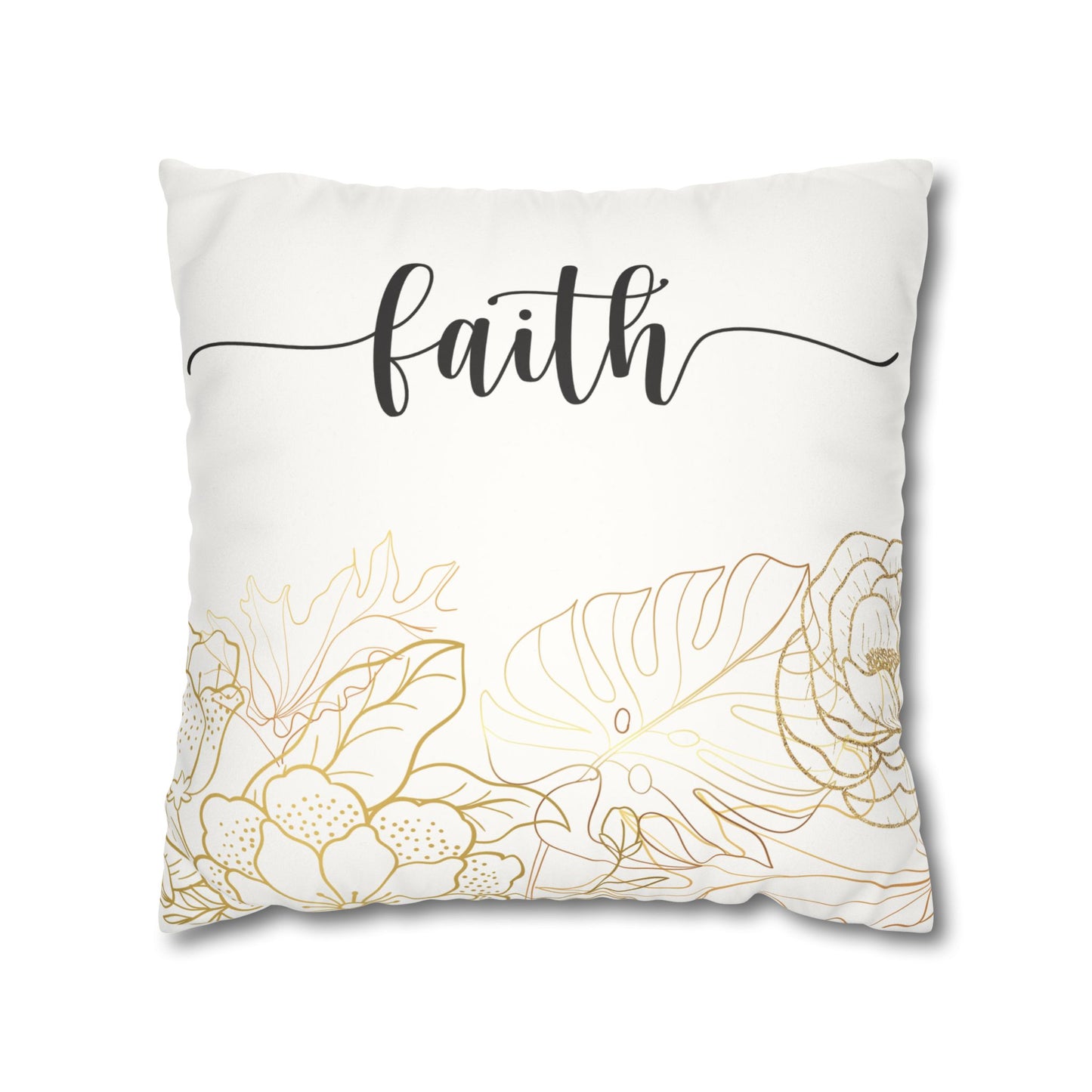 Faux Suede Square Pillowcase - Faith - White & Golden Floral