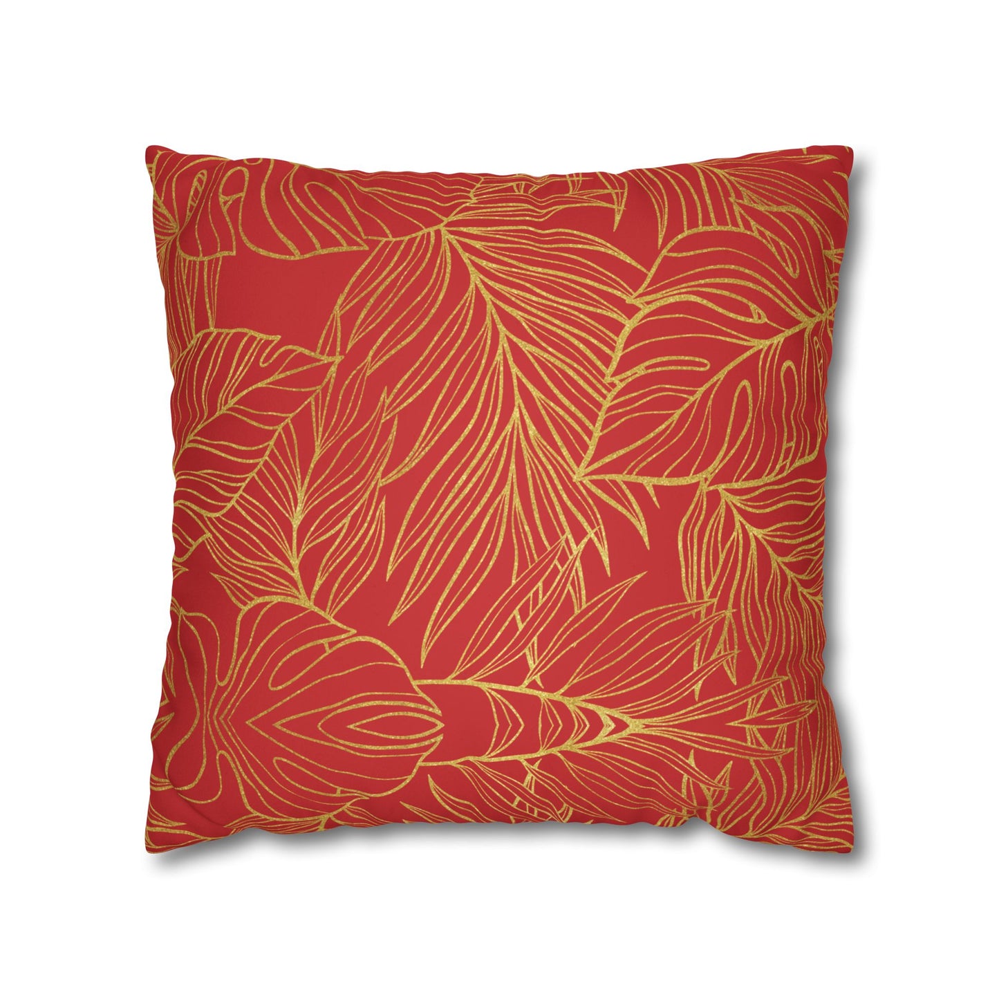 Faux Suede Square Pillowcase - Red with Golden Leaves