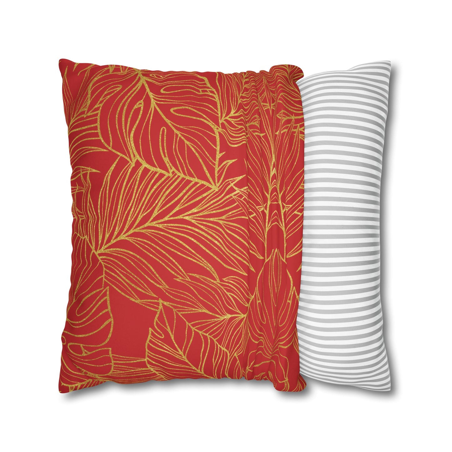 Faux Suede Square Pillowcase - Red with Golden Leaves
